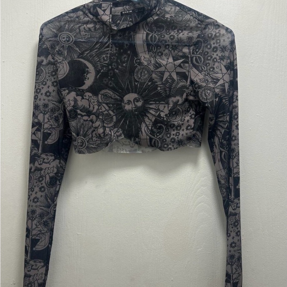 Black Whimsigoth Celestial Print Mesh Crop Top